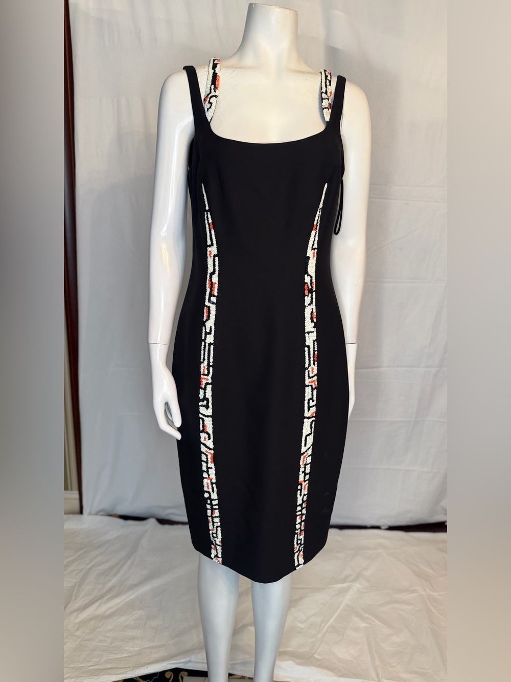 Versace Black Midi Dress with White and Red Geometric Trim